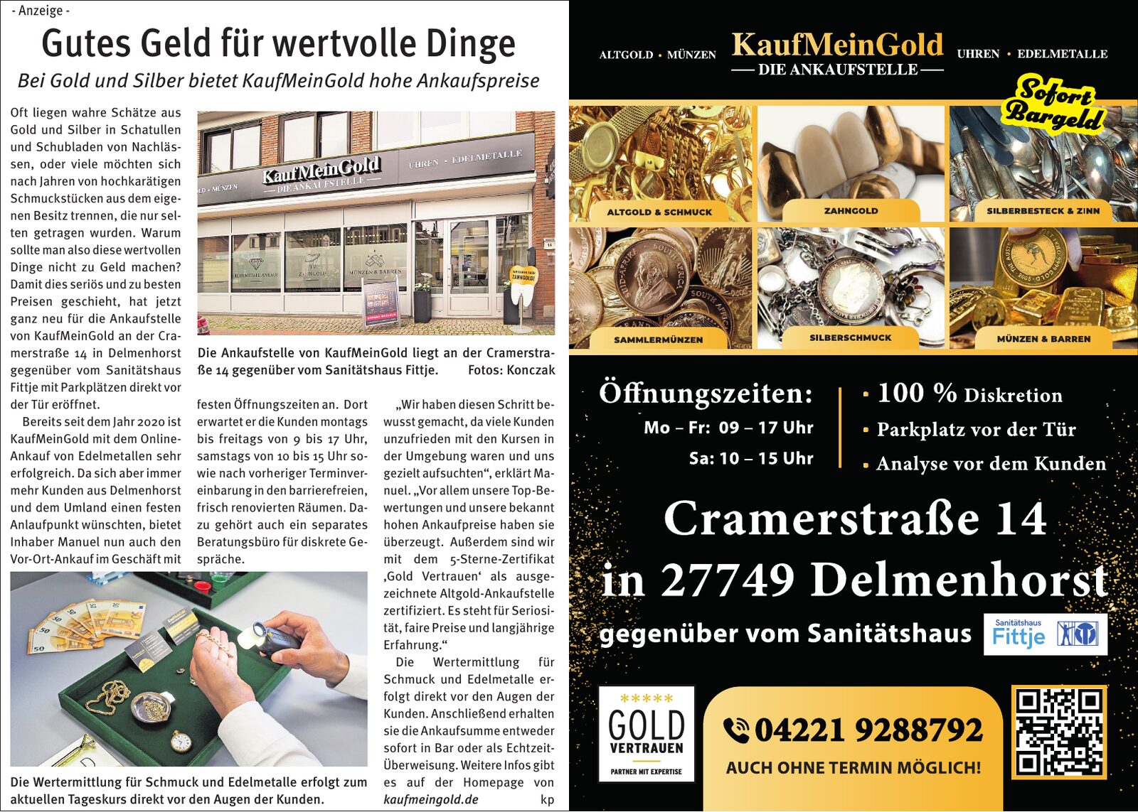 Ganzseitiger Zeitungsbeitrag „Gutes Geld für wertvolle Dinge“ über die Eröffnung der KaufMeinGold-Ankaufstelle an der Cramerstraße 14 in Delmenhorst - links der Artikel mit Fotos der Filiale und der Wertermittlung, rechts die Übersicht der Ankaufsparten in Schwarz-Gold
