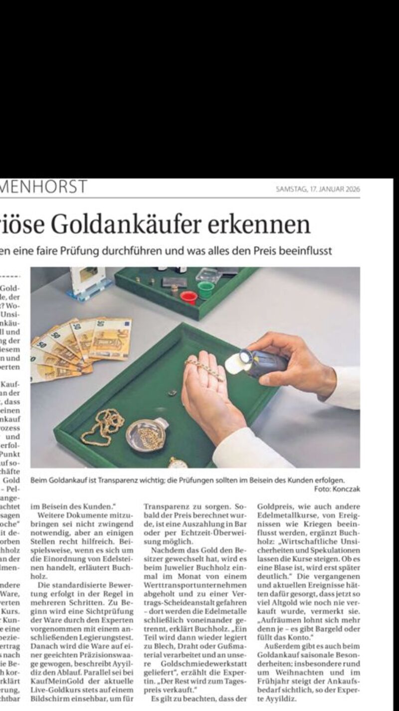 Artikel in der Delmenhorster Kreiszeitung: Seriöse Goldankäufer erkennen
