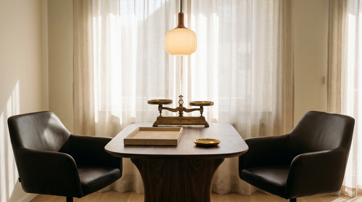 Beratungstisch mit Velour-Tablett und Brass-Pendelleuchte